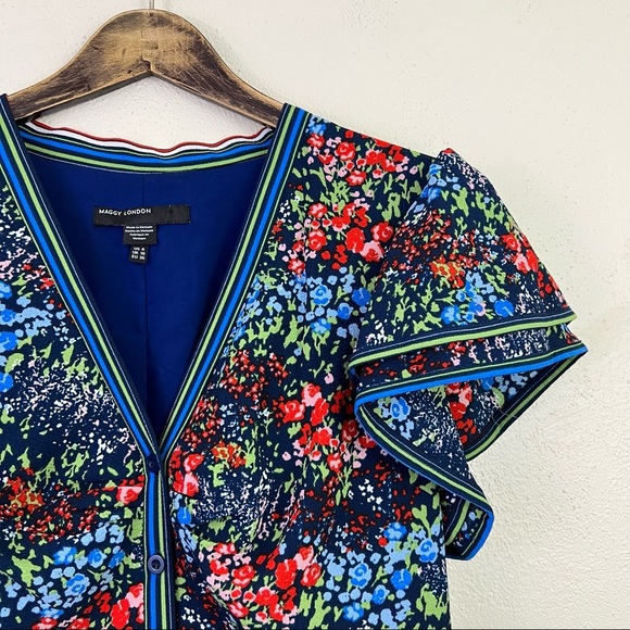 Maggy London Abbi Flounce Tea Length Floral Dress Flutter Sleeves Size 6 - Picture 3 of 13